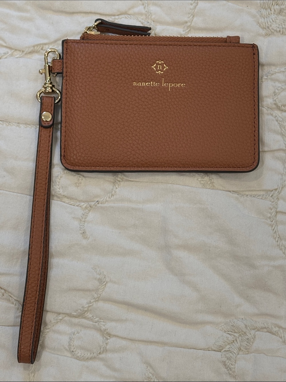 Nanette Lepore Tan Pebbled faux Leather Wristlet Gold tone Hardware